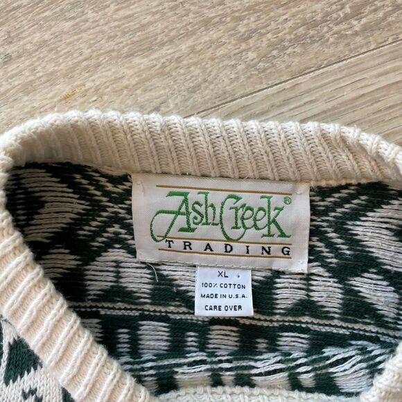 Vintage Fair Isle Knit Sweater Fisherman Cream & Green Chunky Cozy Unisex XL 90s - Picture 2 of 8